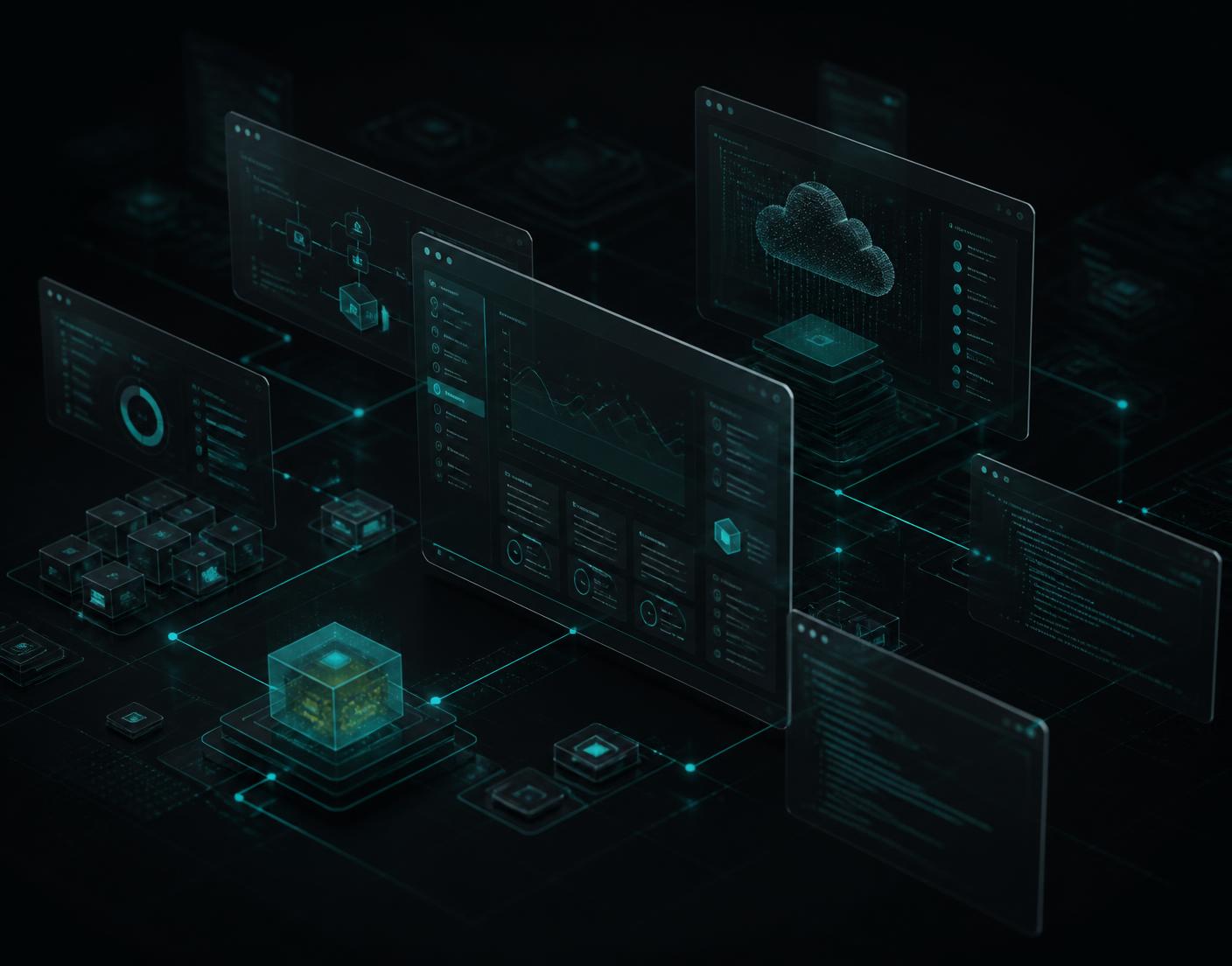 Layered application windows, cloud services and infrastructure nodes connected in a dimensional system diagram